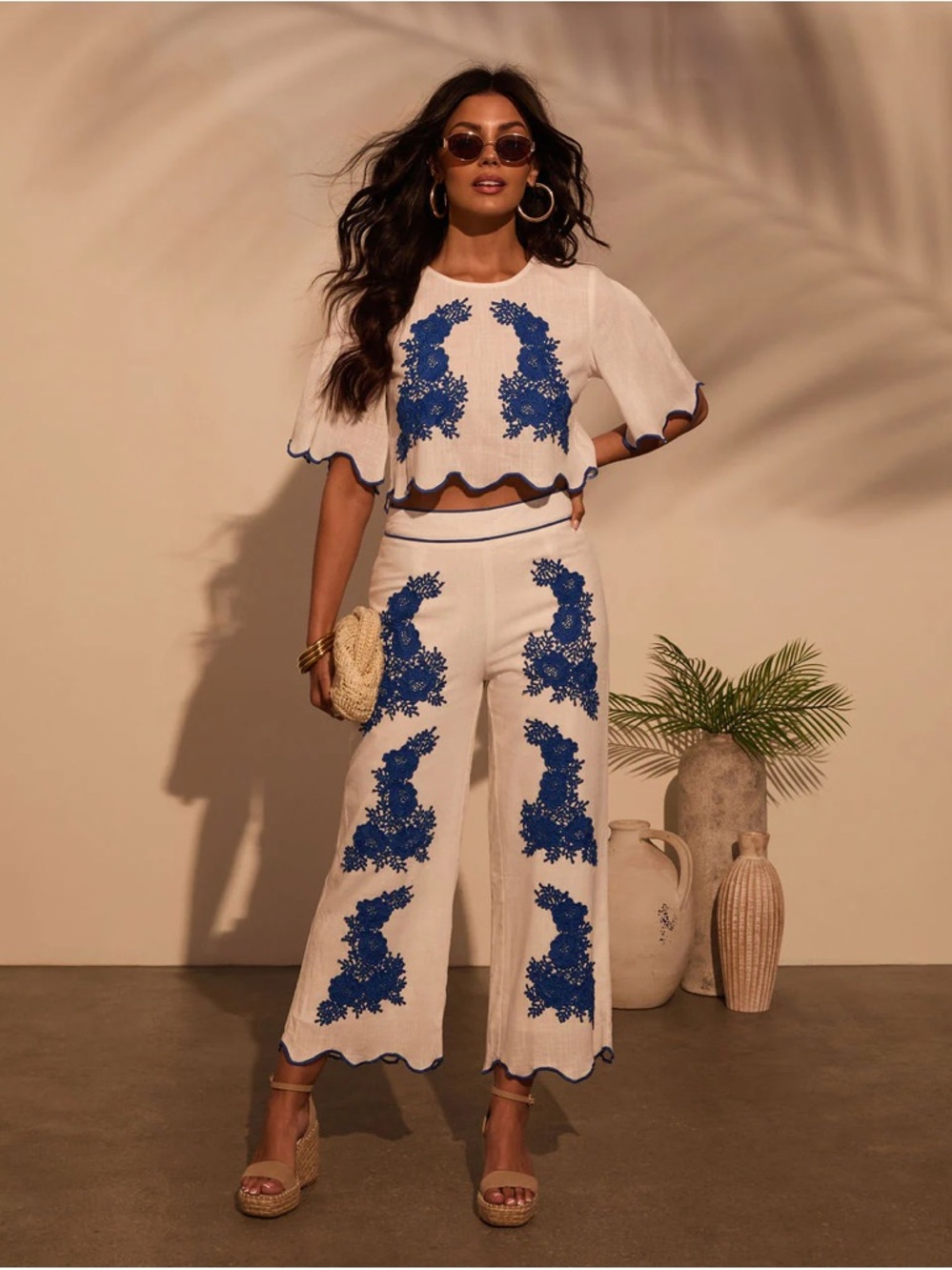 Vici Ocean Drive Embroidered Linen Blend Pants and Crop Top Blue and White Sz XS